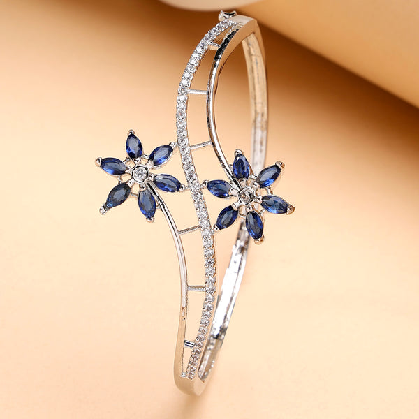 Rhodium Plated Silver Toned Floral Design Blue American Diamond Studded Cuff Bracelet