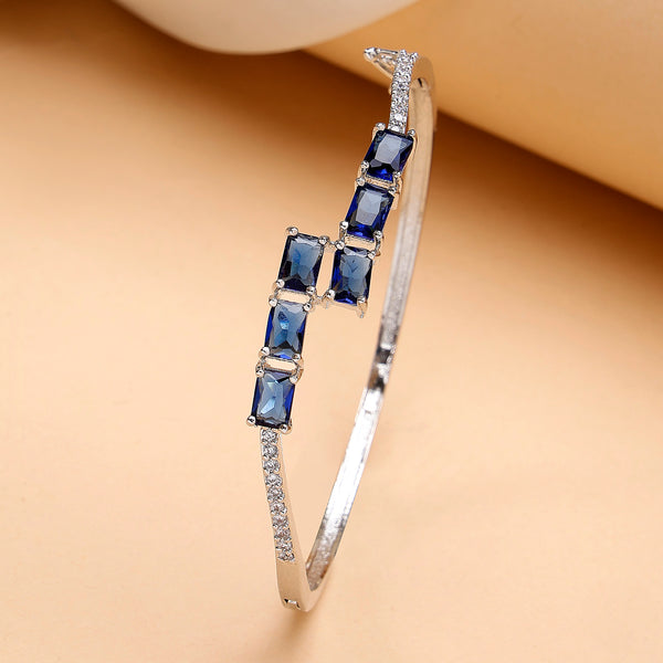 Rhodium Plated Silver Toned Blue Baguette Cut American Diamond Studded Cuff Bracelet