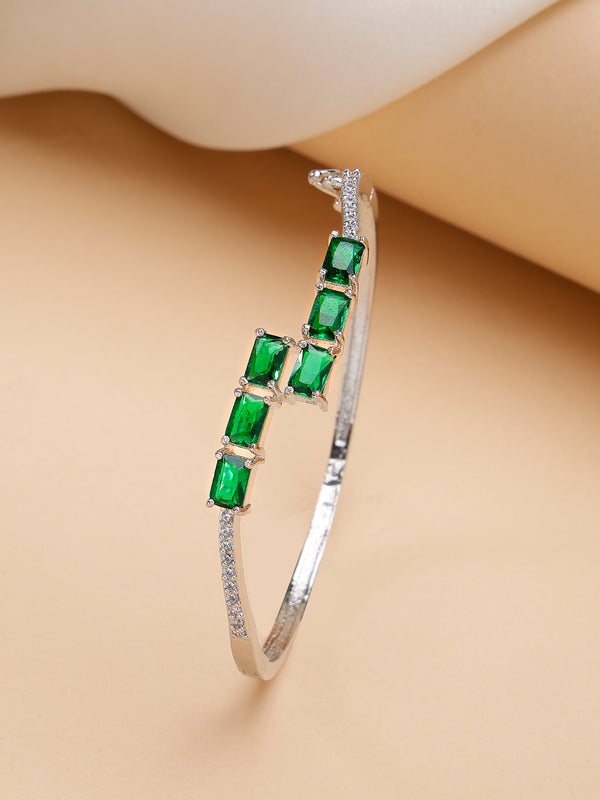 Rhodium Plated Silver Toned Green Baguette Cut American Diamond Studded Cuff Bracelet