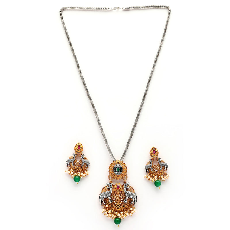 Oxidised Gold Plated Deer Shaped Green Stone Studded & Pearl Beaded Pendant Jewellery Set