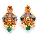 Oxidised Gold Plated Deer Shaped Green Stone Studded & Pearl Beaded Pendant Jewellery Set