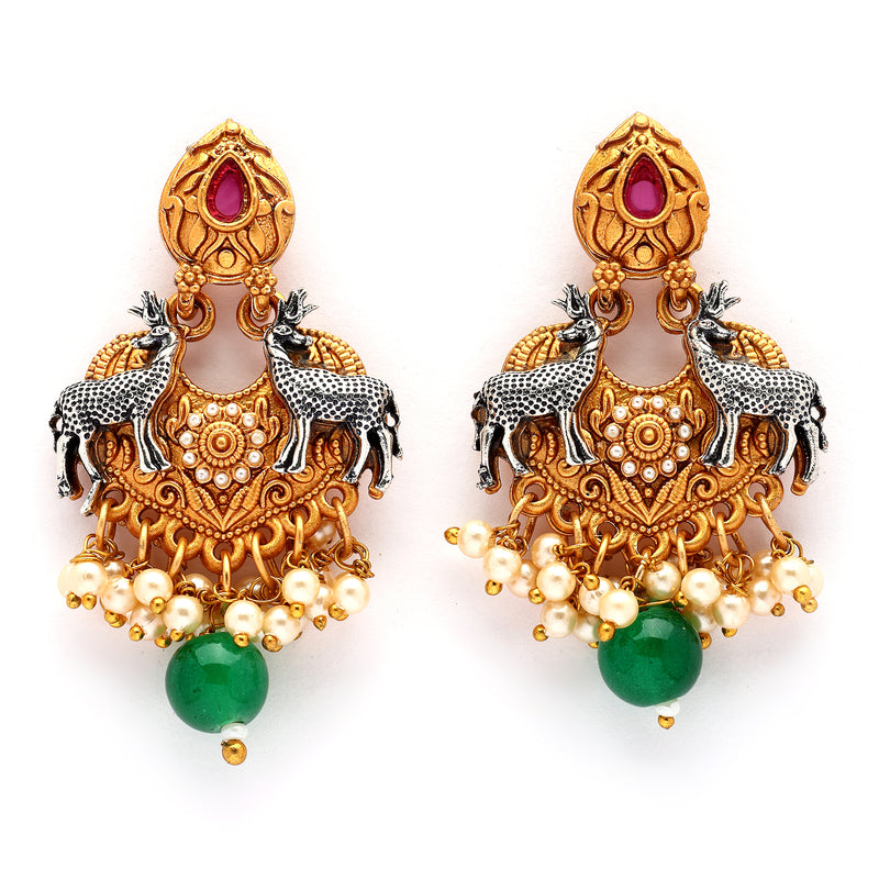 Oxidised Gold Plated Deer Shaped Green Stone Studded & Pearl Beaded Pendant Jewellery Set