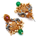 Oxidised Gold Plated Deer Shaped Green Stone Studded & Pearl Beaded Pendant Jewellery Set