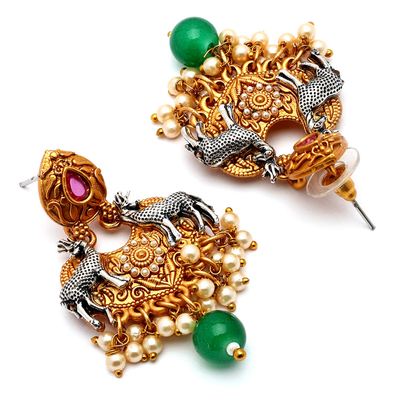 Oxidised Gold Plated Deer Shaped Green Stone Studded & Pearl Beaded Pendant Jewellery Set