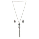 Oxidised Silver Toned Blue & Pink Stone Studded Tasseled Pendant Jewellery Set