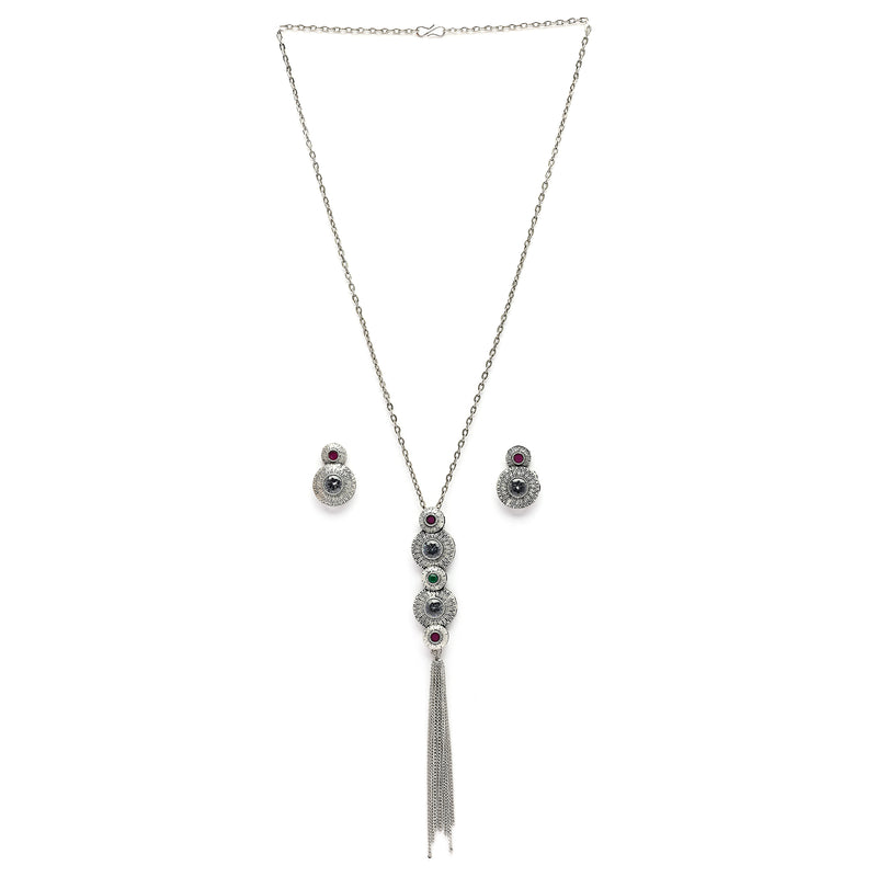 Oxidised Silver Toned Blue & Pink Stone Studded Tasseled Pendant Jewellery Set