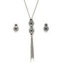 Oxidised Silver Toned Blue & Pink Stone Studded Tasseled Pendant Jewellery Set
