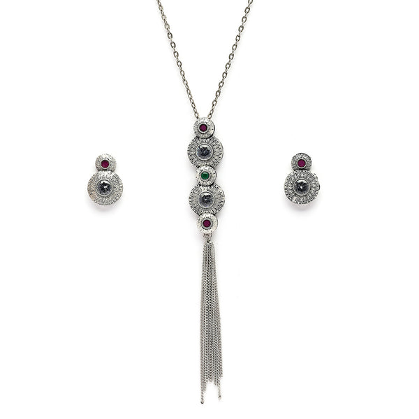 Oxidised Silver Toned Blue & Pink Stone Studded Tasseled Pendant Jewellery Set