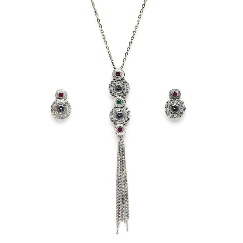 Oxidised Silver Toned Blue & Pink Stone Studded Tasseled Pendant Jewellery Set