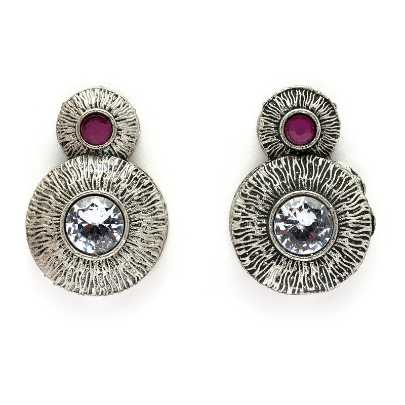Oxidised Silver Toned Blue & Pink Stone Studded Tasseled Pendant Jewellery Set