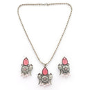 Oxidised Silver Toned Tribal Bird Shaped Pink Cz Studded & Pearl Beaded Pendant Jewellery Set