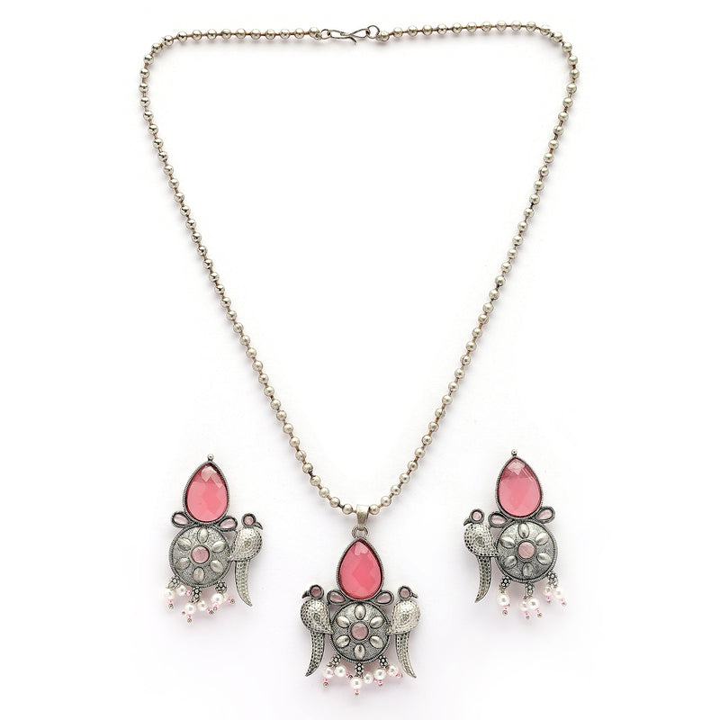 Oxidised Silver Toned Tribal Bird Shaped Pink Cz Studded & Pearl Beaded Pendant Jewellery Set