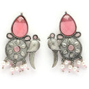 Oxidised Silver Toned Tribal Bird Shaped Pink Cz Studded & Pearl Beaded Pendant Jewellery Set