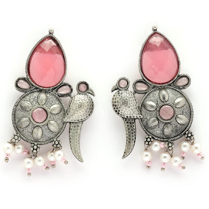 Oxidised Silver Toned Tribal Bird Shaped Pink Cz Studded & Pearl Beaded Pendant Jewellery Set