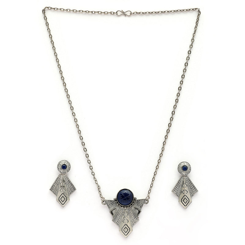 Oxidised Silver Toned Blue Stone Studded Engraved Style Boho Style Jewellery Set