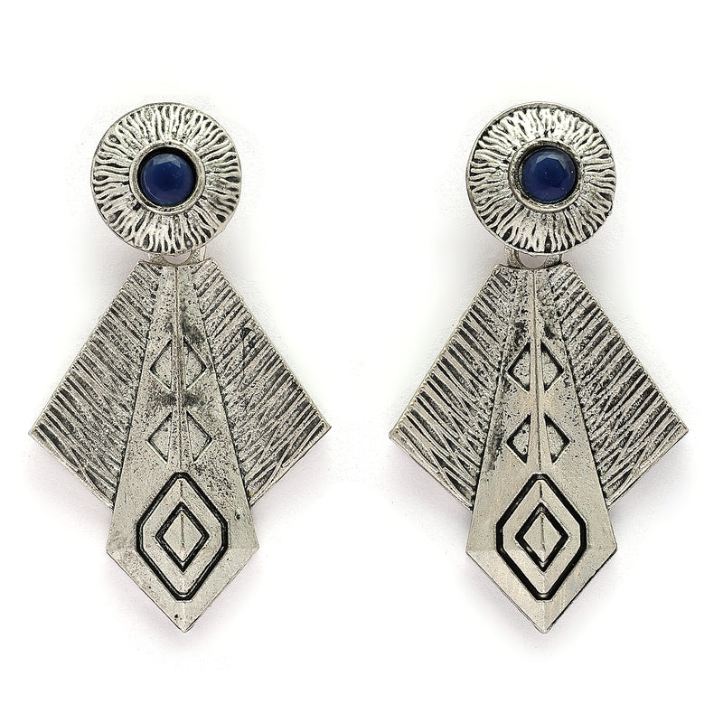 Oxidised Silver Toned Blue Stone Studded Engraved Style Boho Style Jewellery Set