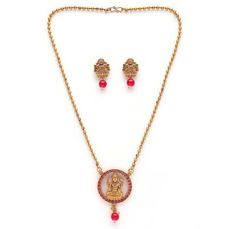 Traditional Gold Plated Temple Coin Pink Cz Studded Pendant Jewellery Set