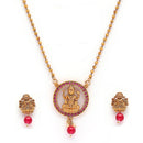 Traditional Gold Plated Temple Coin Pink Cz Studded Pendant Jewellery Set