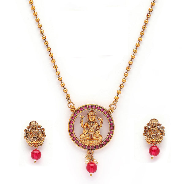 Traditional Gold Plated Temple Coin Pink Cz Studded Pendant Jewellery Set