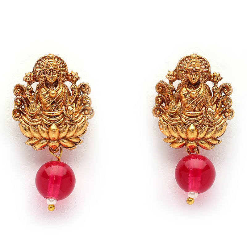 Traditional Gold Plated Temple Coin Pink Cz Studded Pendant Jewellery Set