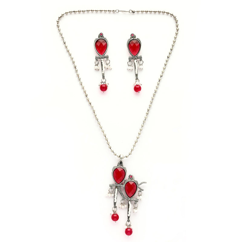 Oxidised Silver Toned Contemporary Red Cz Studded & Pearl Beaded Bird Shaped Pendant Jewellery Set