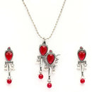 Oxidised Silver Toned Contemporary Red Cz Studded & Pearl Beaded Bird Shaped Pendant Jewellery Set