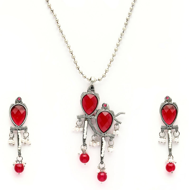 Oxidised Silver Toned Contemporary Red Cz Studded & Pearl Beaded Bird Shaped Pendant Jewellery Set