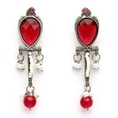Oxidised Silver Toned Contemporary Red Cz Studded & Pearl Beaded Bird Shaped Pendant Jewellery Set