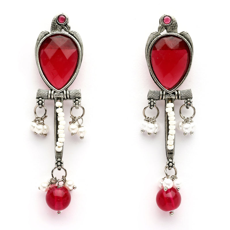 Oxidised Silver Toned Contemporary Red Cz Studded & Pearl Beaded Bird Shaped Pendant Jewellery Set