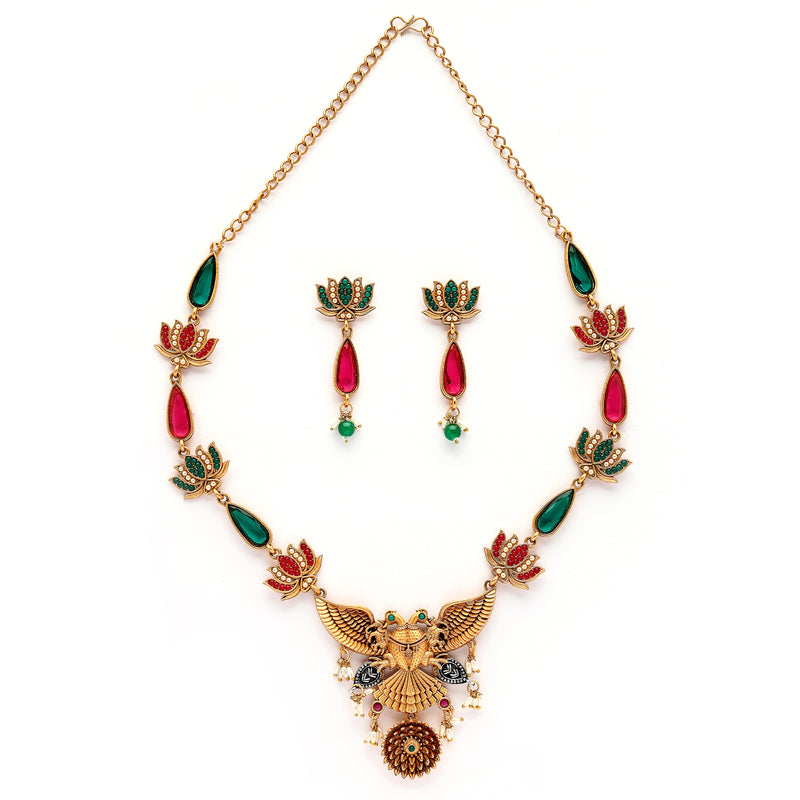 Traditional Gold Plated Lotus Shaped Pink & Blue Stone Studded & Pearl Beaded Jewellery Set