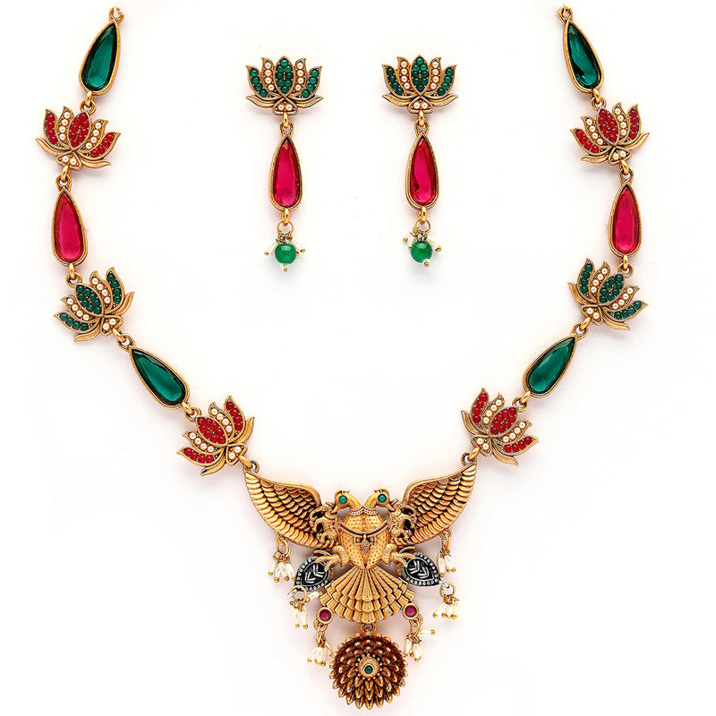 Traditional Gold Plated Lotus Shaped Pink & Blue Stone Studded & Pearl Beaded Jewellery Set