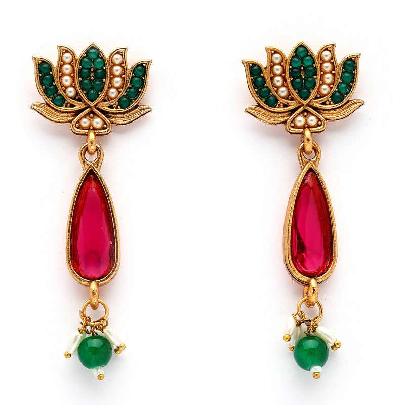 Traditional Gold Plated Lotus Shaped Pink & Blue Stone Studded & Pearl Beaded Jewellery Set