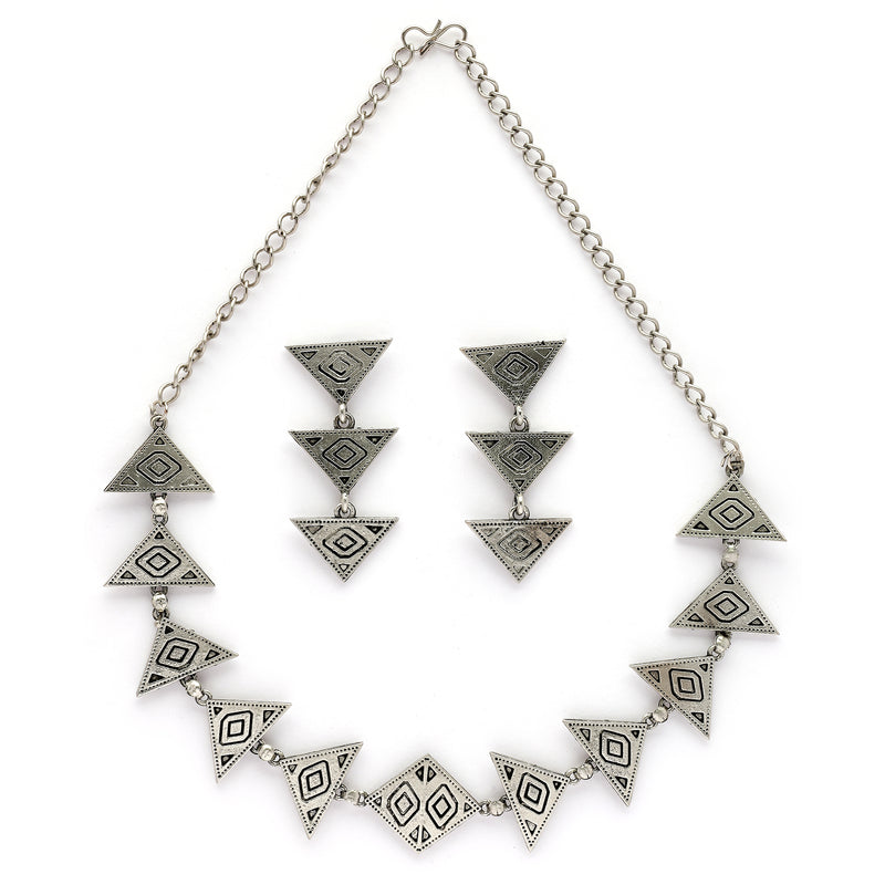 Oxidised Silver Toned Tribal Style Triangular Shaped Jewellery Set