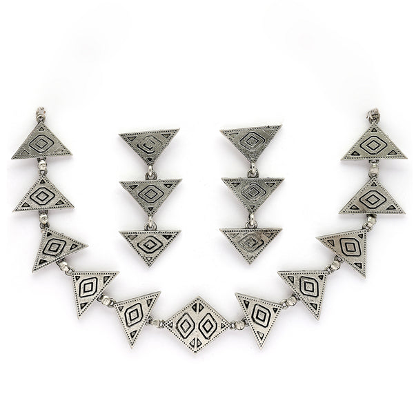 Oxidised Silver Toned Tribal Style Triangular Shaped Jewellery Set