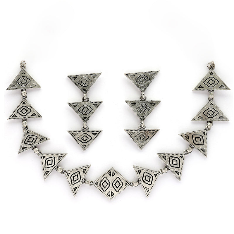 Oxidised Silver Toned Tribal Style Triangular Shaped Jewellery Set