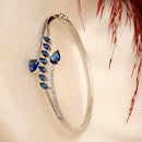 Rhodium Plated Silver Toned  Leaf Design Blue Teardrop American Diamond Studded Cuff Bracelet