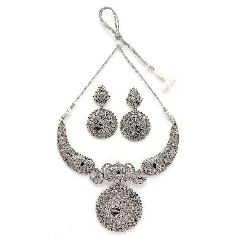 Oxidised Silver Toned Peacock Cubic Zirconia Studded Jewellery Set