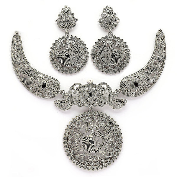 Oxidised Silver Toned Peacock Cubic Zirconia Studded Jewellery Set