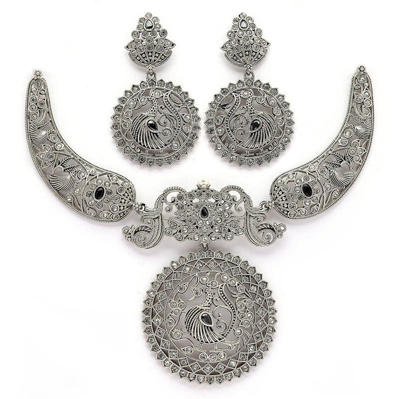 Oxidised Silver Toned Peacock Cubic Zirconia Studded Jewellery Set