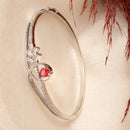 Rhodium Plated Silver Toned Red Teardrop  American Diamond Studded Cuff Bracelet