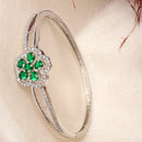 Rhodium Plated Silver Toned Floral Cluster Green American Diamond  Studded Cuff Bracelet
