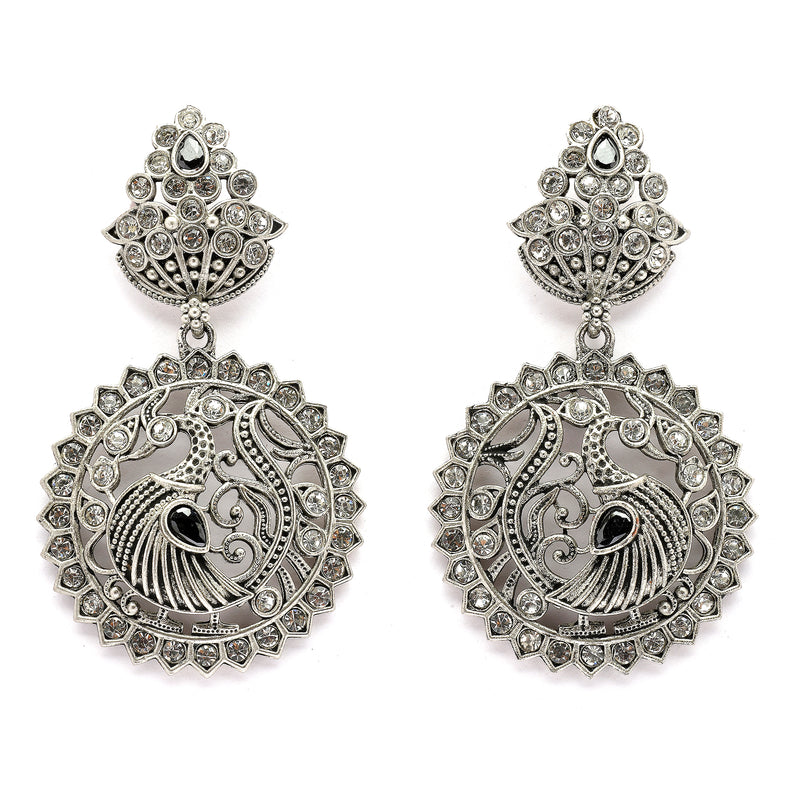 Oxidised Silver Toned Peacock Cubic Zirconia Studded Jewellery Set
