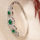 Rhodium Plated Green AD Stone Oval & Teardrop Contemporary Cuff Bracelet
