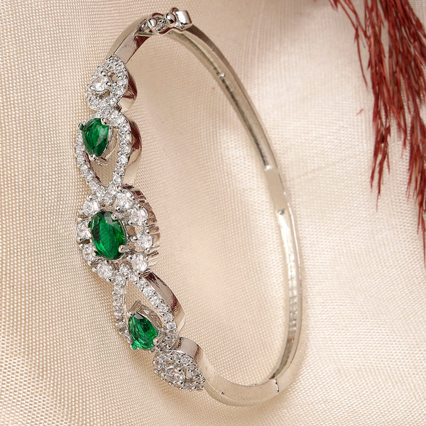 Rhodium Plated Silver Toned Oval & Teardrop Green American Diamond Studded Cuff Bracelet