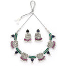 Oxidised Silver Pink & Green Cz Stoned Studded Jewellery Set