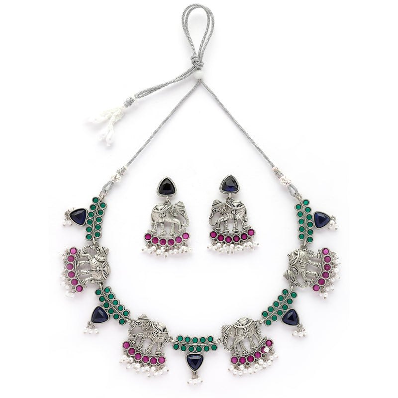 Oxidised Silver Pink & Green Cz Stoned Studded Jewellery Set