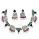 Oxidised Silver Pink & Green Cz Stoned Studded Jewellery Set