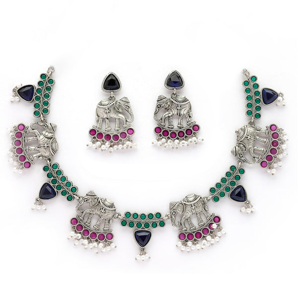 Oxidised Silver Pink & Green Cz Stoned Studded Jewellery Set