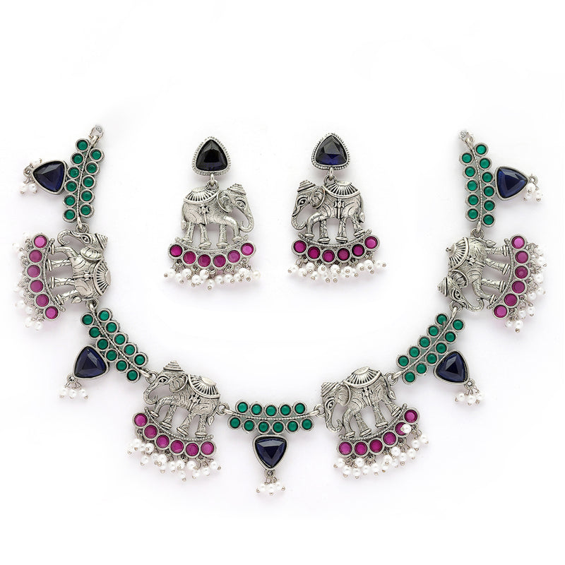 Oxidised Silver Pink & Green Cz Stoned Studded Jewellery Set