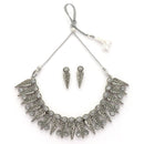 Oxidised Silver Leaf Shaped White Cubic Zirconia Stoned Studded Jewellery Set